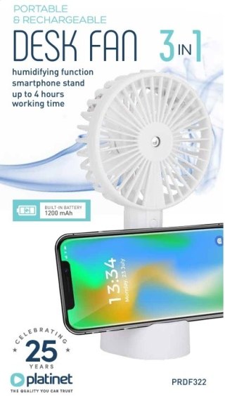 PLATINET RECHARGEABLE DESK 3in1 FAN WENTYLATOR 1200MAH WHITE [46175]