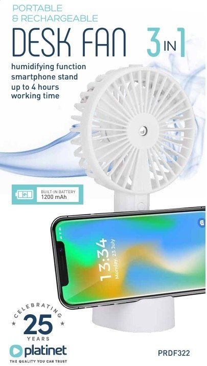 PLATINET RECHARGEABLE DESK 3in1 FAN WENTYLATOR 1200MAH WHITE [46175]