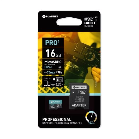 PLATINET microSDHC + ADAPTER SD 16GB class10 U1 70MB/s [44000]