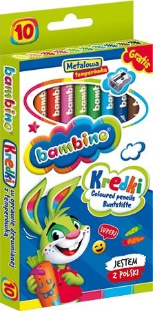 Kredki 10 kolorów Bambino oprawa drewniana temperówka MAJEWSKI KR.10/15BA