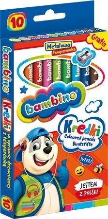 Kredki 10 kolorów Bambino oprawa drewniana temperówka MAJEWSKI KR.10/15BA
