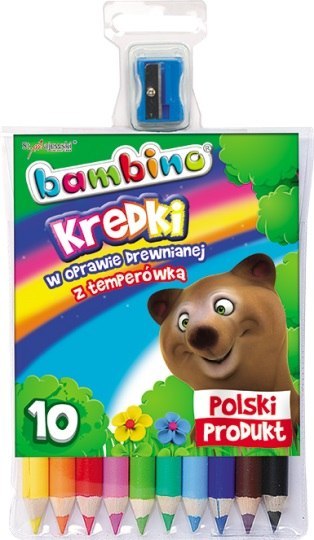 Kredki 10 kolorów Bambino oprawa drewniana temperówka MAJEWSKI KR.10/15BA