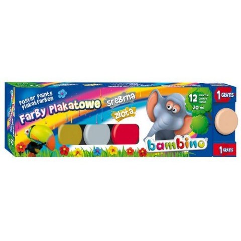 Farby plakatowe 12 kolorów 20 ml złota i srebrna Bambino MAJEWSKI 001581
