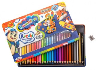 Kredki 26 kolorów Bambino oprawa drewno temperówka MAJEWSKI 003226META