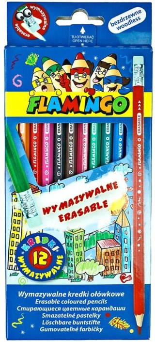 Kredki ołówkowe z gumką 12 kolorów FLAMINGO 361503