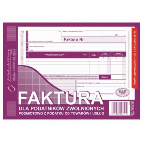 Druk Faktura dla podatników zwolnionych z VAT A5 MICHALCZYK&PROKOP 203-3E