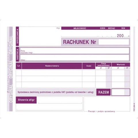 Druk Rachunek/Zwolnienie z podatku VAT A6 MICHALCZYK&PROKOP 234-5