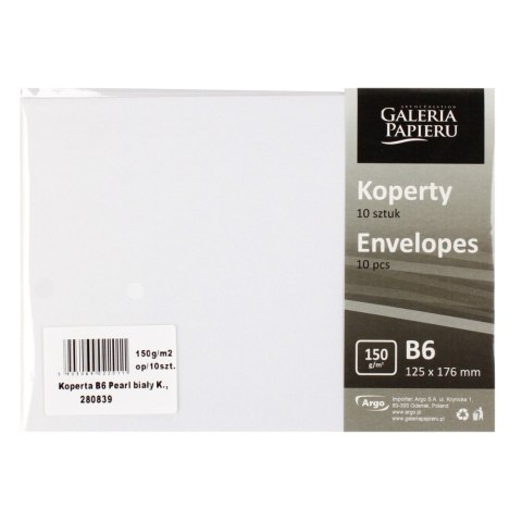 Koperta B6 biała perłowa Galeria Papieru op.10 szt. ARGO 280839 GAL