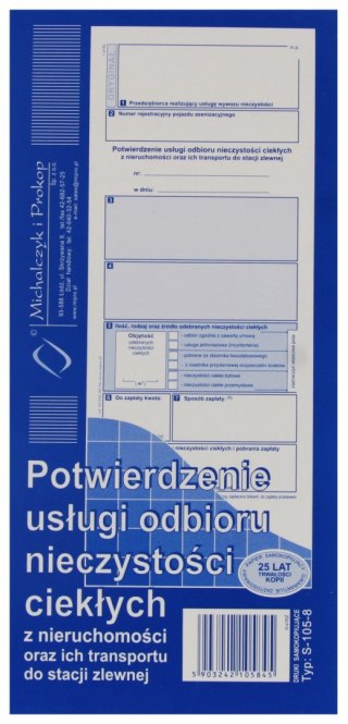 Druk Potwierdzenie odbioru nieczystości ciekłych i transport MICHALCZYK I PROKOP S-105-8