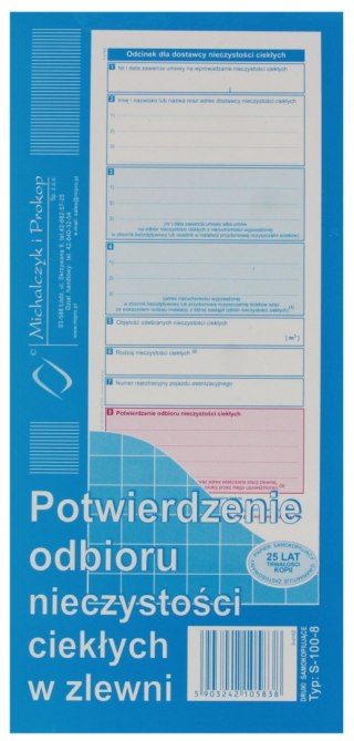 Druk Potwierdzenie odbioru nieczystości ciekłych w zlewni MICHALCZYK I PROKOP S-100-8 MP