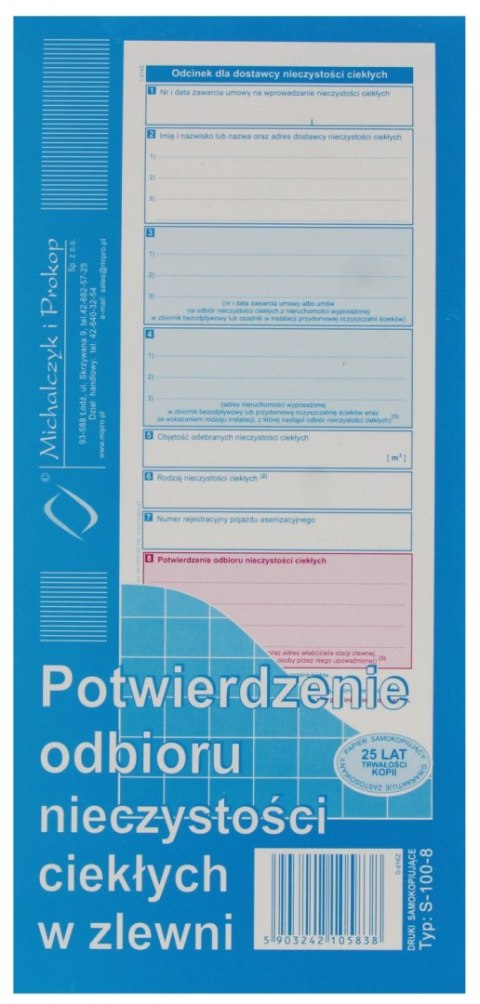 Druk Potwierdzenie odbioru nieczystości ciekłych w zlewni MICHALCZYK I PROKOP S-100-8 MP