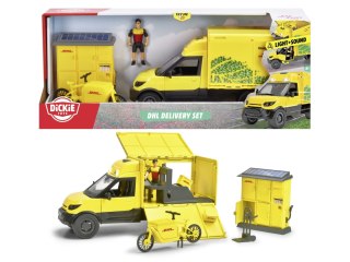 DHL zestaw żółta furgonetka pojazd z figurką paczkomat rower kurierski