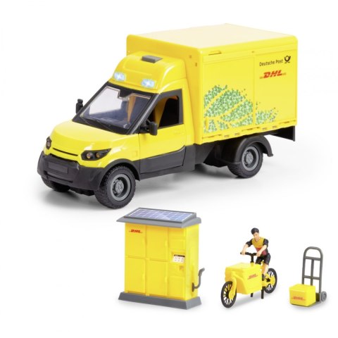 DHL zestaw żółta furgonetka pojazd z figurką paczkomat rower kurierski