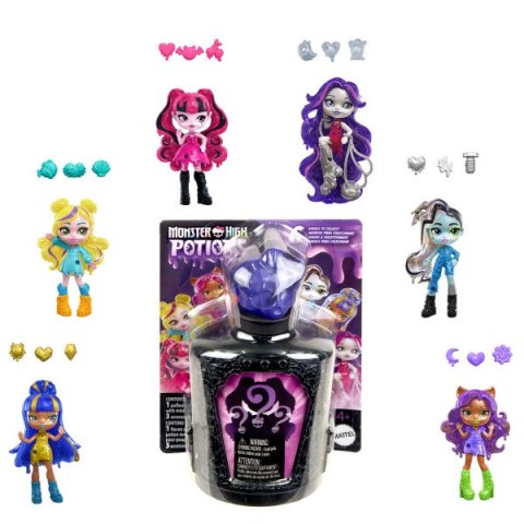 Monster High Eliksiry Minilalka Małe lalki 7,5 cm z wodną niespodzianką i ozdobami HYB10 WB6