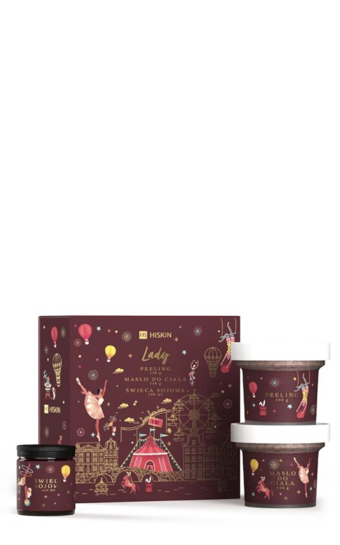 HISKIN Zestaw prezentowy Peeling do ciała + Masło do kąpieli + Świeca sojowa Lady Xmass