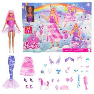 Barbie Świat Fantazji Kalendarz adwentowy Zestaw: lalka Barbie o różowych włosach i 24 niespodzianki