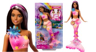 Barbie Syrenka Rozkwitające kwiaty Lalka z długimi brązowymi włosami z fioletowymi pasemkami JDM73