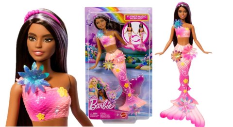 Barbie Syrenka Rozkwitające kwiaty Lalka z długimi brązowymi włosami z fioletowymi pasemkami JDM73