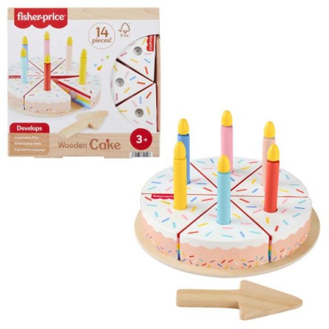 Fisher-Price Drewniany tort urodzinowy Zestaw z 14 elementami do zabawy w dekorowanie i serwowanie