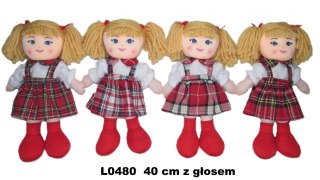 LALKA SZMACIANA Z GLOSEM 40CM SUKIENKA KRATA SA