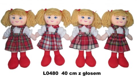 LALKA SZMACIANA Z GLOSEM 40CM SUKIENKA KRATA SA