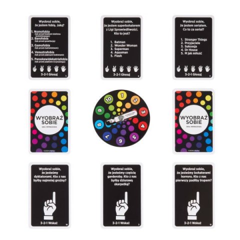 Mattel Wyobraź sobie Gra imprezowa dla dorosłych z szalonymi pytaniami i wskazywaniem palcem oraz kartami i kręciołkami, HYB63 