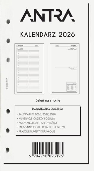Wkład kalendarzowy 2026 B6 DNS dzień na stronie, białe kartki