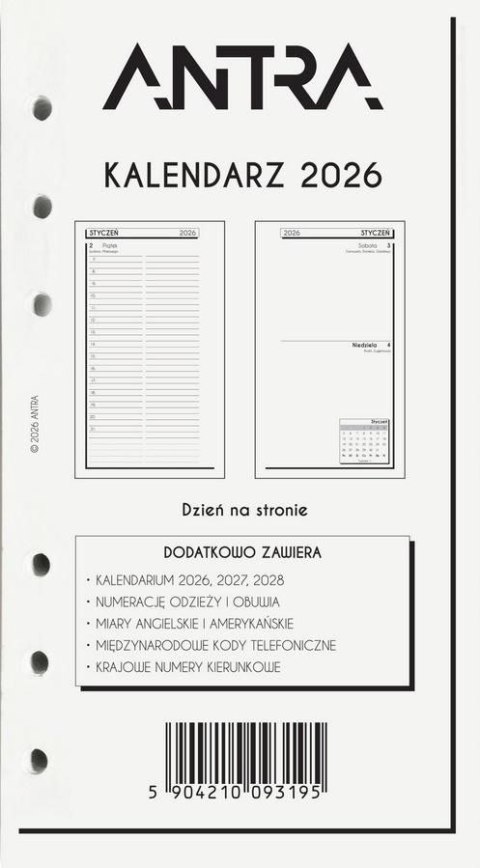 Wkład kalendarzowy 2026 B6 DNS dzień na stronie, białe kartki