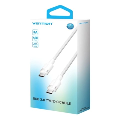 Kabel USB-C do USB-C Vention w oplocie 3A 480Mbps 60W PD 1m biały