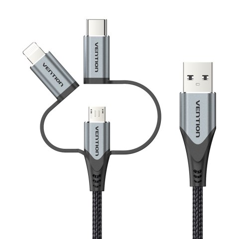 Kabel Vention USB-A 3w1 Micro-B USB-C Lightning 1m szary
