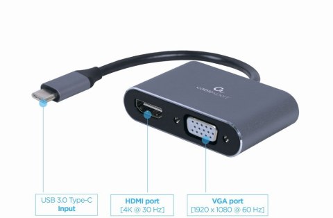 GEMBIRD ADAPTER USB TYPU C NA HDMI + VGA NA KABLU SZARY