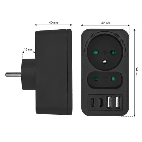 MACLEAN GNIAZDKO PRĄDOWE X2 + 4XUSB, ROZGAŁĘŹNIK Z 2 GNIAZDAMI, 2XUSB A, 2XUSB C PD 20W, 1X16A + 1X6A MCE249 F/B