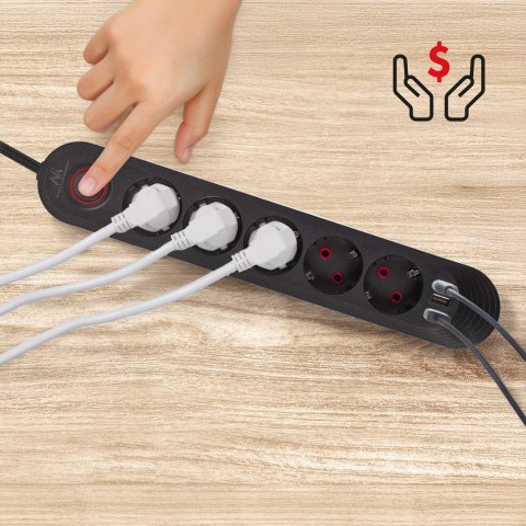 MACLEAN LISTWA ZASILAJĄCA, PRZEDŁUŻACZ5 GNIAZD + 3XUSB, 110-240V AC 50/60HZ, 2.1A MAX 2500W, 1,5M, CZARNA MCE395 B