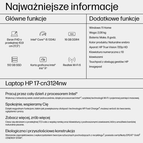 HP 17-cn3003ca i5 1334U 17.3"FHD 16GB SSD1TB BT Win11 Natural Silver (REPACK) 2Y