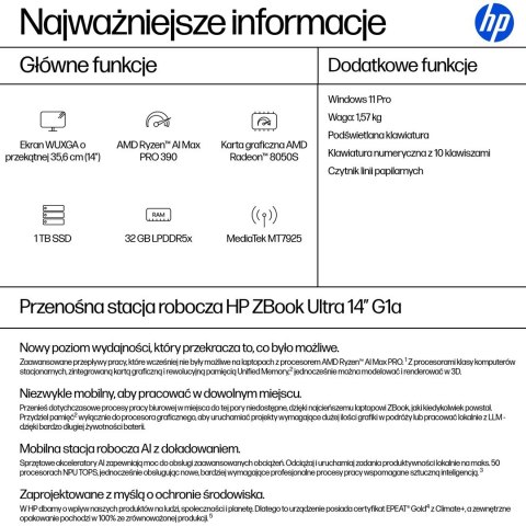HP ZBook Ultra 14 G1a Ryzen AI MAX PRO 390 14.0"WUXGA IPS 400nits AG 32GB LPDDR5x-8533 SSD1TB Radeon 8050S Cam IR 5 MPx 74,5Wh W