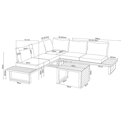 Zestaw ogrodowy wypoczynkowy narożny lub 2 sofy + stolik MARBELLA szary