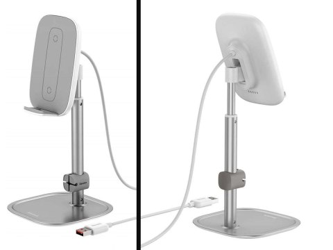 Stojak teleskopowy z ładowarką Qi 2w1 Baseus na telefon/ tablet Srebrny