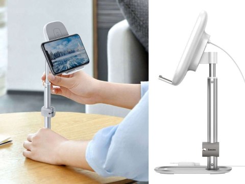 Stojak teleskopowy z ładowarką Qi 2w1 Baseus na telefon/ tablet Srebrny