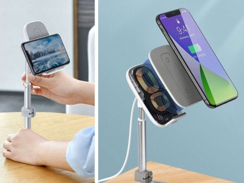 Stojak teleskopowy z ładowarką Qi 2w1 Baseus na telefon/ tablet Srebrny