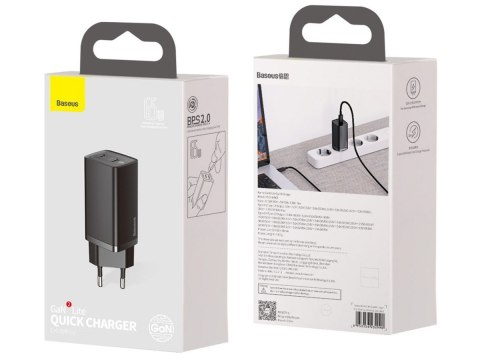 Ładowarka sieciowa szybka Baseus GaN2 Lite USB/ 2x USB-C QC 4.0 PD 65W Czarna