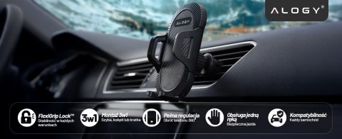 Uchwyt samochodowy do telefonu do auta 3w1 Alogy na szybę do kratki na deskę rozdzielczą kokpit Czarny