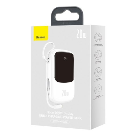 Powerbank Baseus Qpow 20000mAh, IP, USB, USB-C, 20W z kablem Lightning (biały)
