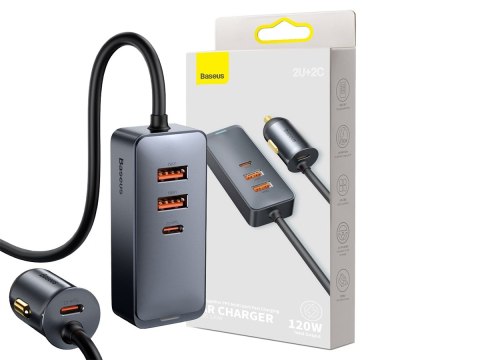 Ładowarka samochodowa Baseus Share z przedłużaczem 2x USB 2x USB-C 120W Szara