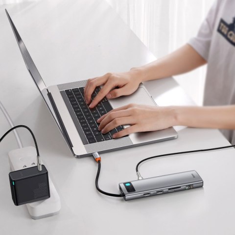 Hub 11w1 Baseus Metal Gleam Series, USB-C do 3x USB 3.0 + 2x HDMI + USB-C PD + Ethernet RJ45 + microSD/SD + VGA + AUX