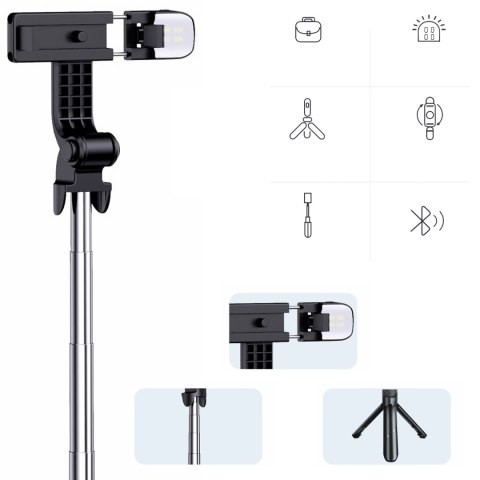 Kijek Selfie Stick Tripod Statyw LED Pilot Bluetooth Uchwyt do telefonu z lampką LED kij wysięgnik 95cm czarny