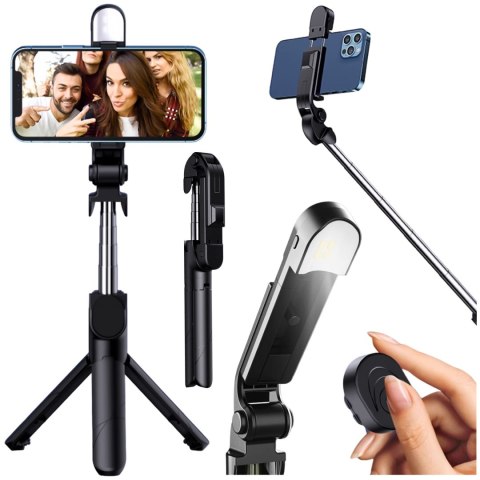 Kijek Selfie Stick Tripod Statyw LED Pilot Bluetooth Uchwyt do telefonu z lampką LED kij wysięgnik 95cm czarny