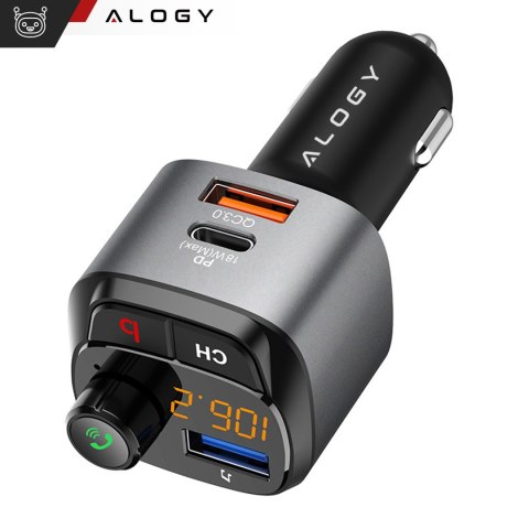 Transmiter samochodowy FM Alogy Ładowarka USB QC 3.0 + USB-C PD Bluetooth odtwarzacz MP3