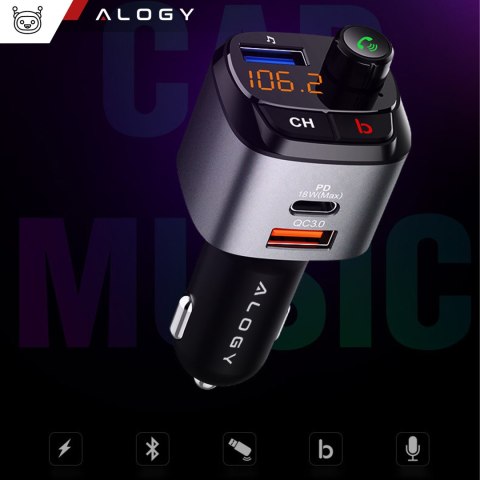 Transmiter samochodowy FM Alogy Ładowarka USB QC 3.0 + USB-C PD Bluetooth odtwarzacz MP3