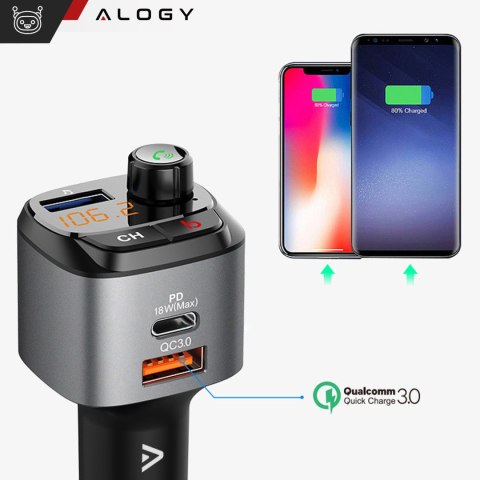 Transmiter samochodowy FM Alogy Ładowarka USB QC 3.0 + USB-C PD Bluetooth odtwarzacz MP3