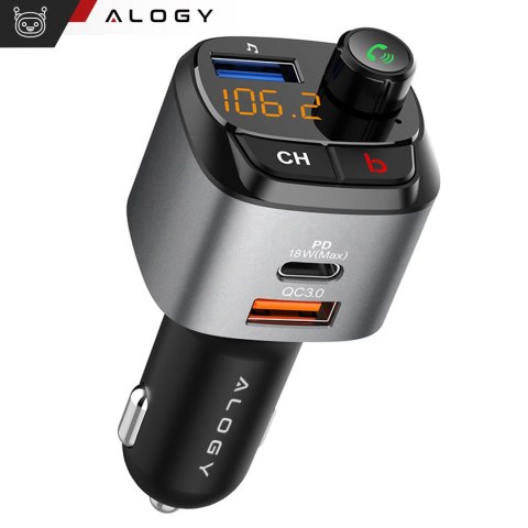 Transmiter samochodowy FM Alogy Ładowarka USB QC 3.0 + USB-C PD Bluetooth odtwarzacz MP3